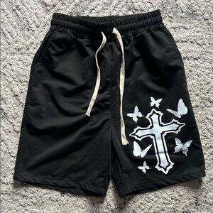 Black Shorts with Cross and Butterfly Design